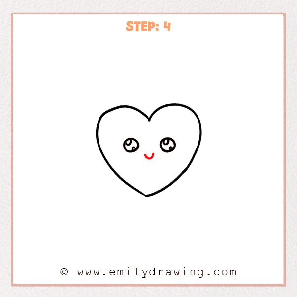 how to draw a cartoon heart - Step 4 of a cartoon heart drawing adds a small curved smiling mouth beneath the eyes, creating a friendly face.